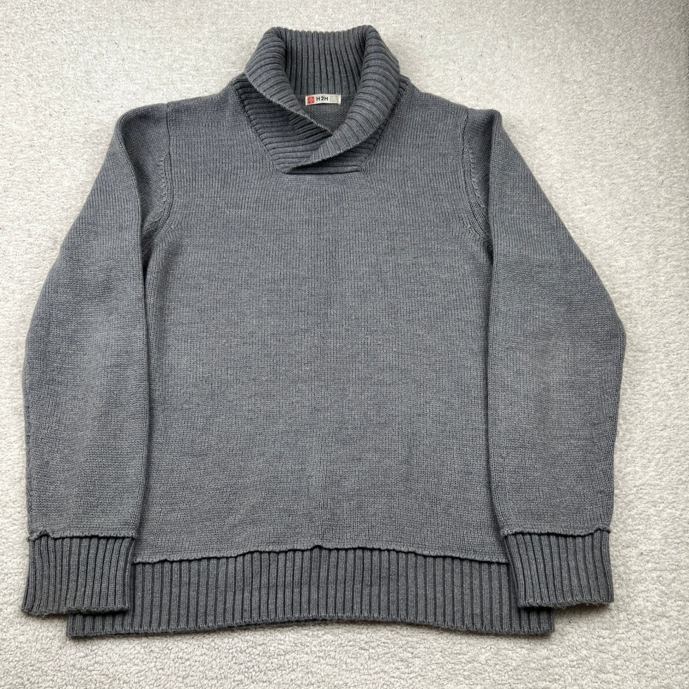 H2H Mens Shawl Collar‎ Pullover Sweater Gray Size XL Ribbed Knit CMOSWL077